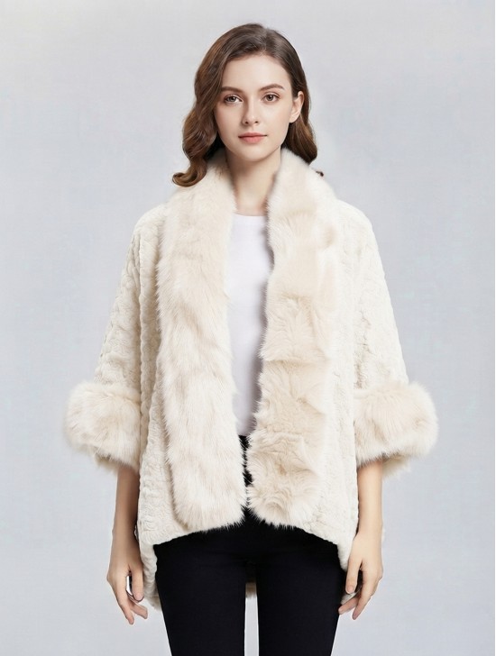 Premium Faux Fur Cape with Rose Imprints & Sleeves